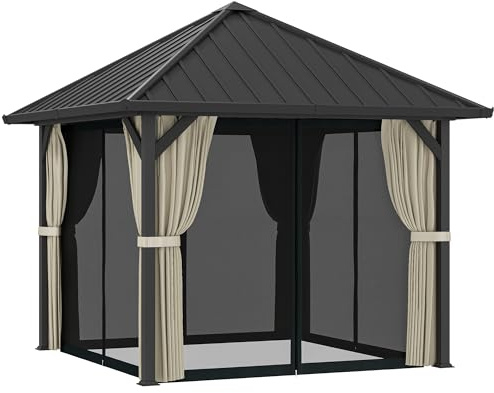 WGYHOME 3x3 m Hartdach-Pavillon mit verzinktem Metallrahmen & wasserdichtem Dunkelgrau-Metalldach, mit Moskitonetz, Seitenwänden und Deckenhaken – ideal für Garten, Terrasse, Party & Privatsphäre