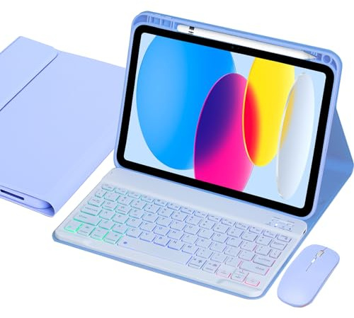 KYVELO Custodia con Tastiera e Mouse per iPad A16 11a Gen 2025 e 10a Gen 2022 (11/10.9 Pollici), Cover Tastiera Bluetooth Rimovibile Retroilluminata 7 Colori con Porta Penna，Viola