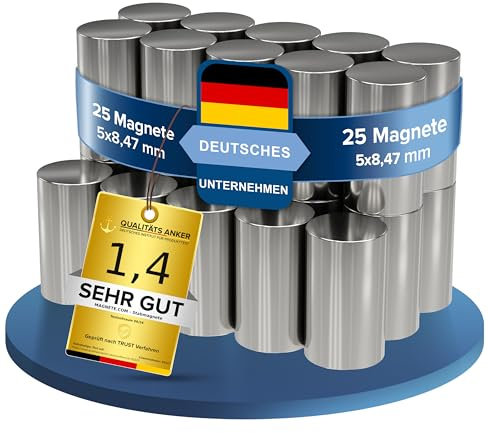 25 Stück Neodym Power Magnet Silber - Stabmagnet extra stark lang - Durchmesser 5x8,47mm lang - Starke Magneten Supermagnet - Haftkraft ca. 0,8 kg - Magnete für, Pinnwand, Magnettafel, Werkstatt