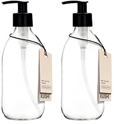 Clear Glass Refillable Soap Dispensers 250ml (Pack of 2). Comes with a Plastic, Lockable pump perfect for bathrooms and showers, commercial grade (2, 250ml)