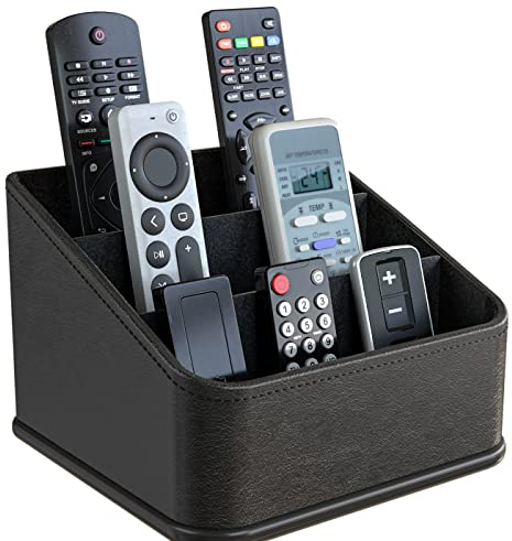 JackCubeDesign Remote Control Holder with 3 Compartments, PU Leather Remote Caddie Desktop Organiser for TV, DVD, Blu-Ray, Media Player, Heater Controllers (Black) - MK122B