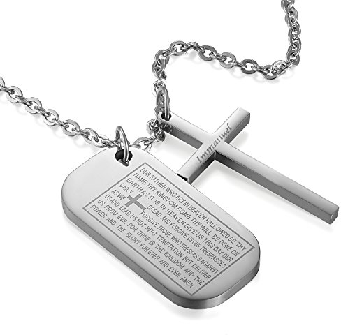 JewelryWe Kreuz Erkennungsmarke Halskette Herren: Silber Edelstahl Retro Immanuel Kruzifix Bibel Herr Gebet Vaterunser Dog Tag Anhänger Kette Religiöse Christian Schmuck Geschenk für Männer