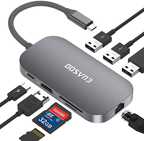 EUASOO USB C Hub 9 Port Aluminium USB C Adapter mit 4K-HDMI, 2 USB 3.0 Ports, 1 USB 2.0 Port, Type C PD, Gigablit Ethernet RJ45, SD/TF-Kartenleser für MacBook Air/Pro, Chromebook, More Type C Geräte