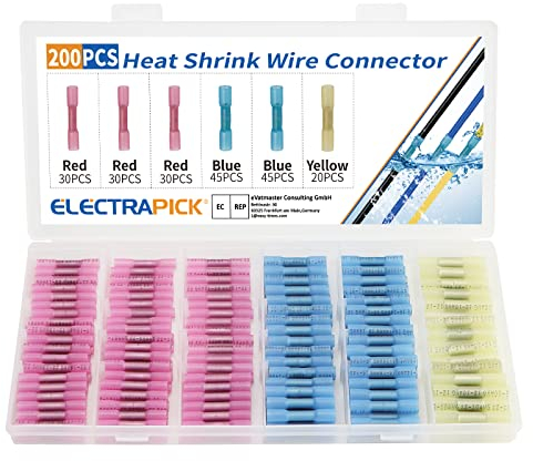 electrapick Kabelverbinder 200tlg Stoßverbinder Quetschverbinder, 22-10 AWG Wasserdicht Schrumpfverbinder, Rot/Blau/Gelb