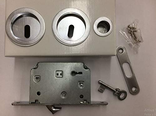 KIT TONDO CON FORO CHIAVE MANIGLIA PORTE SCORREVOLI PORTA SCRIGNO .COLORE CROMO SATINATO COMPLETO DI SERRATURA.ART.2055 CS