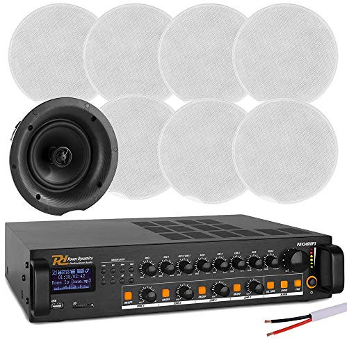 Power Dynamics Professional 4-Zone Bluetooth Ceiling Speaker System, 8x 6.5-Inch Flush Mount Speakers, 240W Mixer Amplifier, Premium Home & Commercial PA Audio Setup