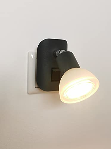 Trango 11-045 LED Steckdosenlicht in Schwarz matt mit Glasschirm, Steckerdoese Nachtlicht inkl. 1x GU10 LED Leuchtmittel 3000K warmweiß & Ein/Aus- Schalter Steckdose Treppenlicht, Steckdosenlicht
