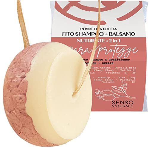 Senso Naturale Shampoo und Conditioner Festes Reparateur, für Trockenes oder Geschädigtes Haar mit Hagebutte, Rote Tonerde, Jojobaöl, 100% Natürlich und Biologisch, ph 4,5-5,0 (2 in 1)