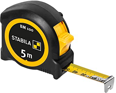 STABILA Taschenbandmaß BM 100, 5 m, Maßband mit metrischer 1000er-Skala, bruchsicheres ABS-Gehäuse, beweglicher Anfangshaken, Gürtel-Clip, MID-Genauigkeit