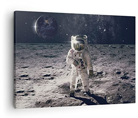 Bilder auf Leinwand Mond Erde Astronaut Leinwandbild mit Rahmen 70x50cm Wandbilder Dekoration Wohnzimmer Schlafzimmer Küche Deko Klein Wanddeko Bild Wand Kunstdruck Art Wall Decor Canvas AA70x50-4882