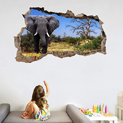 Kuletkear Tiere Wandtattoos 3D Durchbruch Wandsticker Mauerloch Selbstklebend Wandaufkleber Elefant H 50 x B 83 cm für Kinderzimmer Schlafzimmer Wohnzimmer