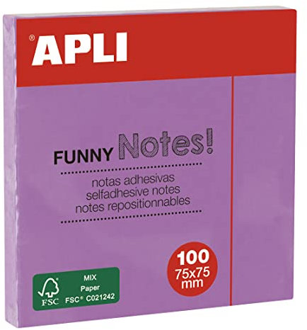 APLI 19083 - Notas adhesivas FUNNY 75 x 75 mm - Bloc de 100 hojas color LILA pastel