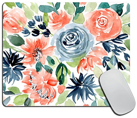 Tapis de souris rectangulaire en caoutchouc antidérapant avec motif floral aquarelle rose, bleu, pour ordinateurs portables, 24,1 x 20,1 x 0,3 cm