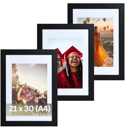 VictoR Bilderrahmen Passepartout Richter schwarz 3er Set 21x30 cm (A4) | 15x21 (A5) Passepartout - Fotorahmen Holz - Leiste: 25x20mm - Bilderrahmen Set A4 schwarz