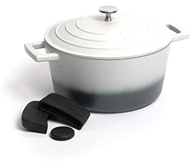 MasterClass Set of GIft-Boxed Cast Aluminium Casserole Dish, Grey Ombre, 24cm/4Litre with Three Piece Silicone Handle Cover Set