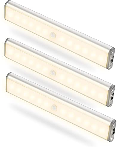 Motion Sensor Light Indoor, 12 LEDs 120LM Bright Closet Light, USB Rechargeable Battery Powered Wardrobe 3 Modes Auto On/Off LED Strip Magnet Under Cupboard - Warm White