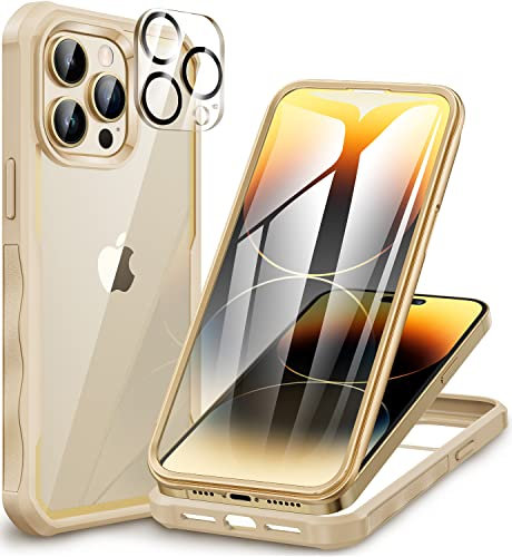 CENHUFO Compatible with iPhone 14 Pro Case Built-in Glass Screen Protector with Camera Lens Protector, 360°Full Body Heavy Duty Protective Phone Case for iPhone 14 Pro case Shockproof -Gold/Beige