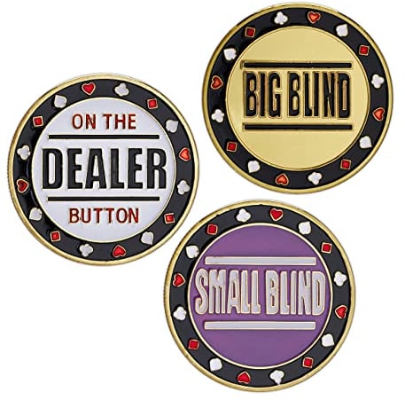 Relaxdays Poker Set, 3-teilig, Dealer Button, Big Small Blind, inkl. Schutzhüllen, Ø 4 cm, je 30 g, Gold