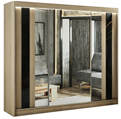 Margaret Hadas24 Kleiderschrank Cosmo 250 cm mit Spiegel, Mehrzweckschrank, Schwebetürenschrank, Garderobenschrank, Kleiderstange, Kleiderständer, Flurschrank, 3-türig, braun, lacobel schwarz