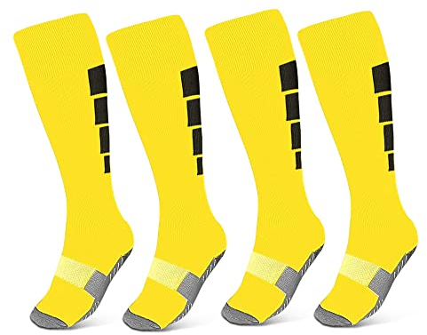 Offtrte Kids Soccer Socks, [2 Pairs] Athletic Knee High Socks for Youth Boys Girls for Age 6-12 (Yellow)