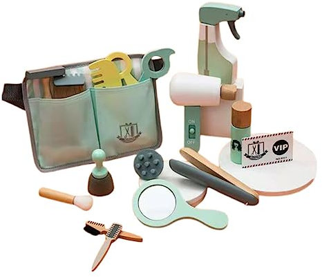 Creative Hair Dryer Toy, Wooden Haircut Bag Hair Styling Toys Barber Role Play Kit Pretend Play Hairdressing Set for Kids