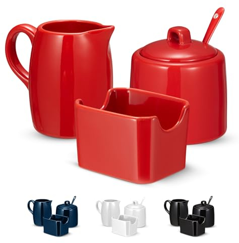Kook Sugar and Creamer Set, 3 Piece, Pitcher, Sugar Bowl with Lid and Spoon, Sweetener Holder (Red)