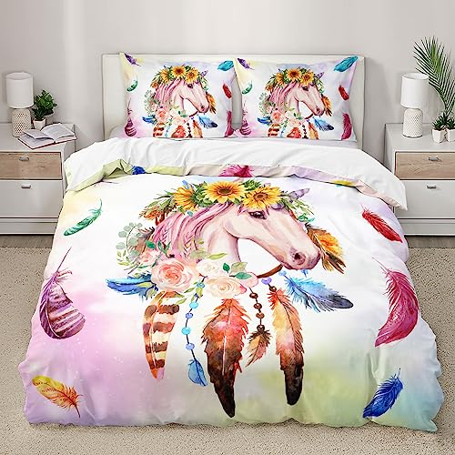 HOTRCR 3D Gedruckt Einhorn Bettwäsche, Bunte Bettwäsche Set Geeignet für Kinder/Mädchen/Erwachsene bettwäsche 135 * 200cm,80 * 80cm*1 EFBTTAE049