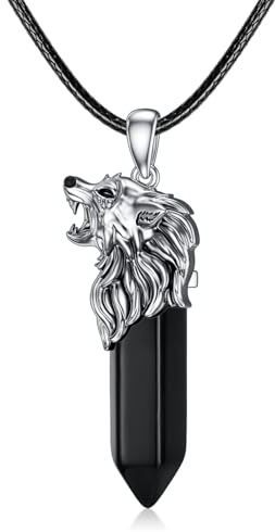 PROESS Wolf kette 925er Sterling Silber Obsidian Anhänger Gothic Wolf Schmuck Wolf Halskette Wolf Anhänger für Männer und Frauen Weihnachten Geburtstag
