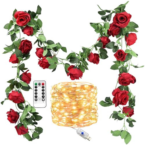FiveSeasonStuff 2 Red Silk Rose Flower Garlands Decoration Hanging Floral with 10 Meters Warm White String Lights