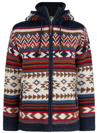 Shakaloha Herren Strickjacke mit Abnembahrer Kapuze & hohe Innenstehkragen - Fleecegefüttert - Bunte Wolljacke mit Reißverschluss, mehrfarbiges Muster, Fair Trade - Burque Multi Ziphood. - L