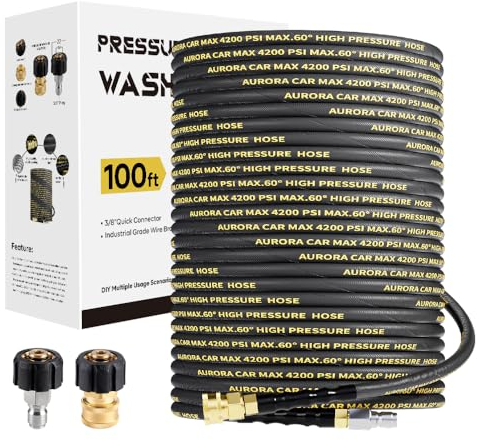 AURORA CAR Pressure Washer Hose 100FT with 3/8 Inch Quick Connect, Kink Resistant High Tensile Wire Braided, with 2 pcs M22 14mm Adapter Set, 4200 PSI Power Washer Hose
