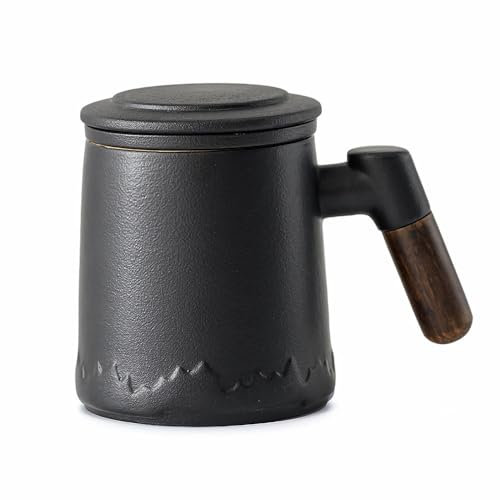 HwaGui Tazza da tè in ceramica, opaca, in ceramica, con colino e coperchio, grande manico in legno, per uso quotidiano e ufficio, 350 ml, colore: nero