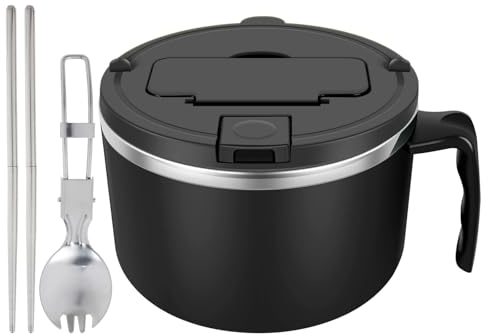 Uezeth 1200ml Noodle Bowl with Lid, Stainless Steel Instant Noodle Bowl, Rapid Ramen Bowl with Filterable Lid, Spoon Chopsticks, Portable Soup Bowl, Ramen Cooker Bowl for Office Home Kitchen (Black)