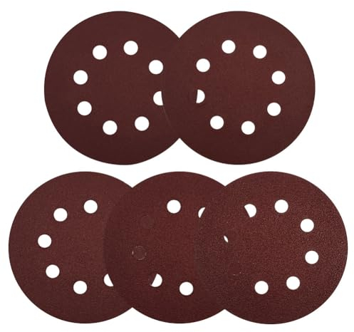 JIADEXIN 100 unidades de lijadora orbital redonda con adhesivo para lijadora orbital de 5 pulgadas (125 mm), 8 agujeros x 20 x 40/60/80/120/180 grano (rojo)