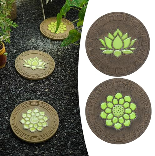 Trittsteine für Garten Im Dunkeln Leuchtendes Rundes Trittstein-Set, Leuchtende Lotus-Trittstein-Wegstraßenbetoniermaschinen Im Freien, Haus, Villa, Garten, Terrassensteine für Dekorativen Boden ( Col