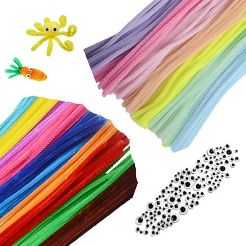 Thoquene 300 Stück Pfeifenreiniger zum Basteln, Pfeifenputzer Blumen Set Mit 100 Wackelaugen, Pipe Cleaner