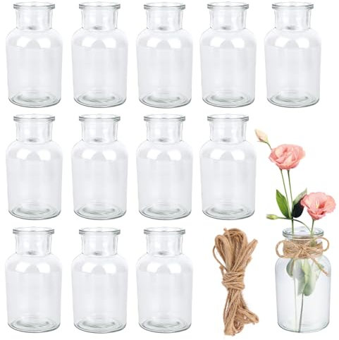 VMUTGA 12 Stück Mini Vasen, 125ml Kleine Glasvasen mit 8m Juteschnur, Transparente Glasvase Vasen Deko für Tischdeko, Hochzeit Deko, Geburtstag Deko, Gartenparty