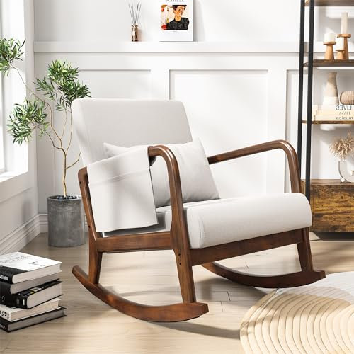 AONYAYBM Schaukelstuhl, skandinavisch, mit Kissen, Stillstuhl, skandinavischer Sessel, Freizeit und Ruhe, aus Stoff mit Beinen aus Holz, Wohnzimmer, Schlafzimmer (Beige2)
