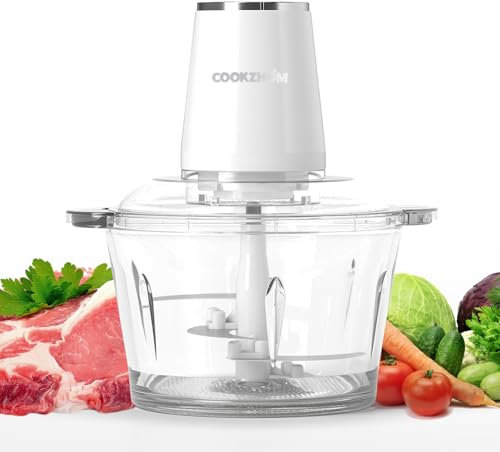 COOKZHOM Robot culinaire, hachoir électrique avec moteur en acier inoxydable de 500 W et 4 lames tranchantes, bol en verre de 8 tasses pour viande, légumes, fruits et noix