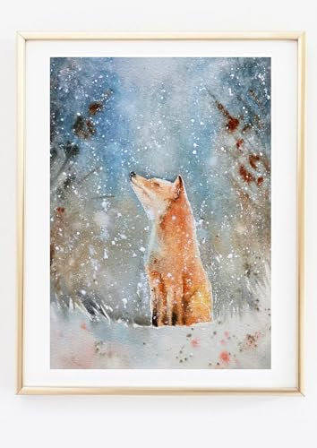 Din A4 Kunstdruck ohne Rahmen - Winterlandschaft mit Fuchs - Schnee Landschaft Aquarell - Winter Weihnachten - Druck Poster Bild
