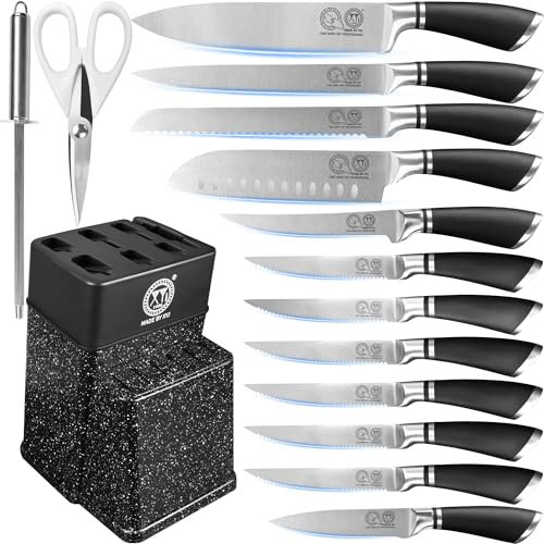 XYJ Authentic Since 1986 - Juego de cuchillos de cocina profesionales de acero inoxidable con soporte para bloque de cuchillos, tijeras, filete santoku para cortar pan y chef para el hogar