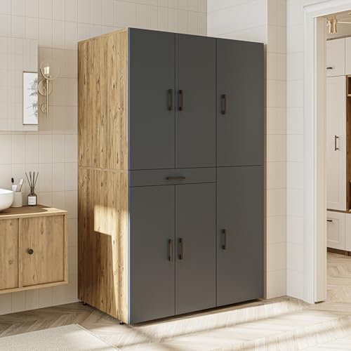 ROOMART Waschmaschinenschrank Dora Set für Trockner & Waschmaschine, in 4 Farben, mit Türen & Ausziehbrett • Weiß • Weiß Eiche • Anthrazit Eiche • Eiche (Anthrazit Eiche)