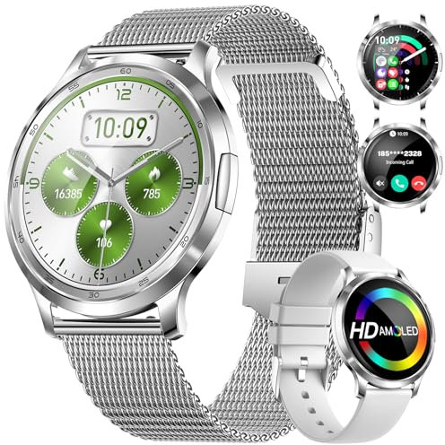 DREMAC Smartwatch Damen,1.32'' Amoled Kreisbogen Display,Damen Armbanduhr mit Pulsuhr/Menstruationszyklus/SpO2/Schlafmonitor,IP68 Wasserdicht Fitness Tracker für iOS Android Silber