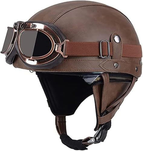 Retro Motorradhelm, Lederhelm Jethelme Leder-Helm Vintage Mopedhelm Mit Brille Motorradkreuzer-Rollerhelm Motorrad Helme Für Herren Halbschalenhelm Mit Ece