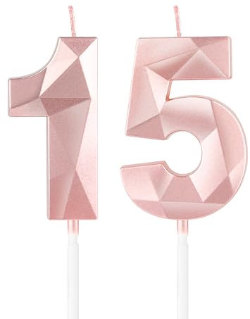 Rose Gold 15th Birthday Candles,3D Number 15 Candle for Cake,Girls 15th Birthday Decorations,Rose Gold 15 Candle Cake Topper for Girls Her Him Birthday Party Wedding Decorations