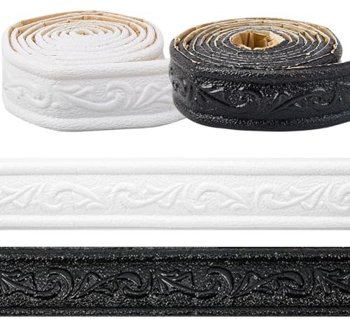 CRASPIRE 4.6mx4.5cm Peel and Stick Wallpaper 3D Border Crown Molding White Black Self Adhesive Flexible Baseboard Trim Waterproof Mirror Sticky Wall Edging Base Lines Foam for Hotel Home DIY Decor