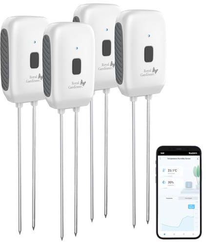 Royal Gardineer Pflanzensensoren: 4er-Set Boden-Feuchtigkeits-/Temperatur-Sensoren, Bluetooth-komp., App (Pflanzen-Temperatur-Sensor, Feuchtsensor, Bodenfeuchte)