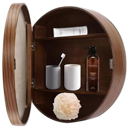 Badezimmer Wandmontierbarer Aufbewahrungsschrank mit Rundspiegel in schwarz/holz/nuss Make-up Spiegel im Set (70cm)