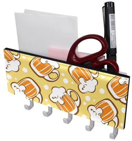 Key Holder for Wall Decorative with 5 Key Hooks, Beer Mugs Pattern Holders Wall Mount Organizer with Mail Key Rack, Self Adhesive