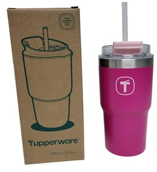 Tupperware Thermobecher big T Tumbler To go Thermo Tasse Kaffee Tee Becher hält kalt und warm pink Edelstahl 630ml 630 ml mit Strohhalm Sport Diät Shake